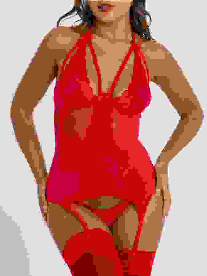 Lovehoney Wild Romance Red Basque Set, Red, hi-res